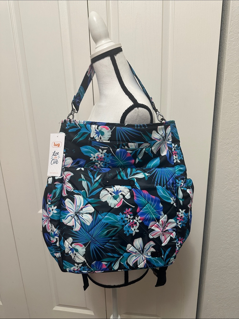 Lug Symphony Tropical Floral Quilted Backpack Purse tote Black Blue Pink NWT